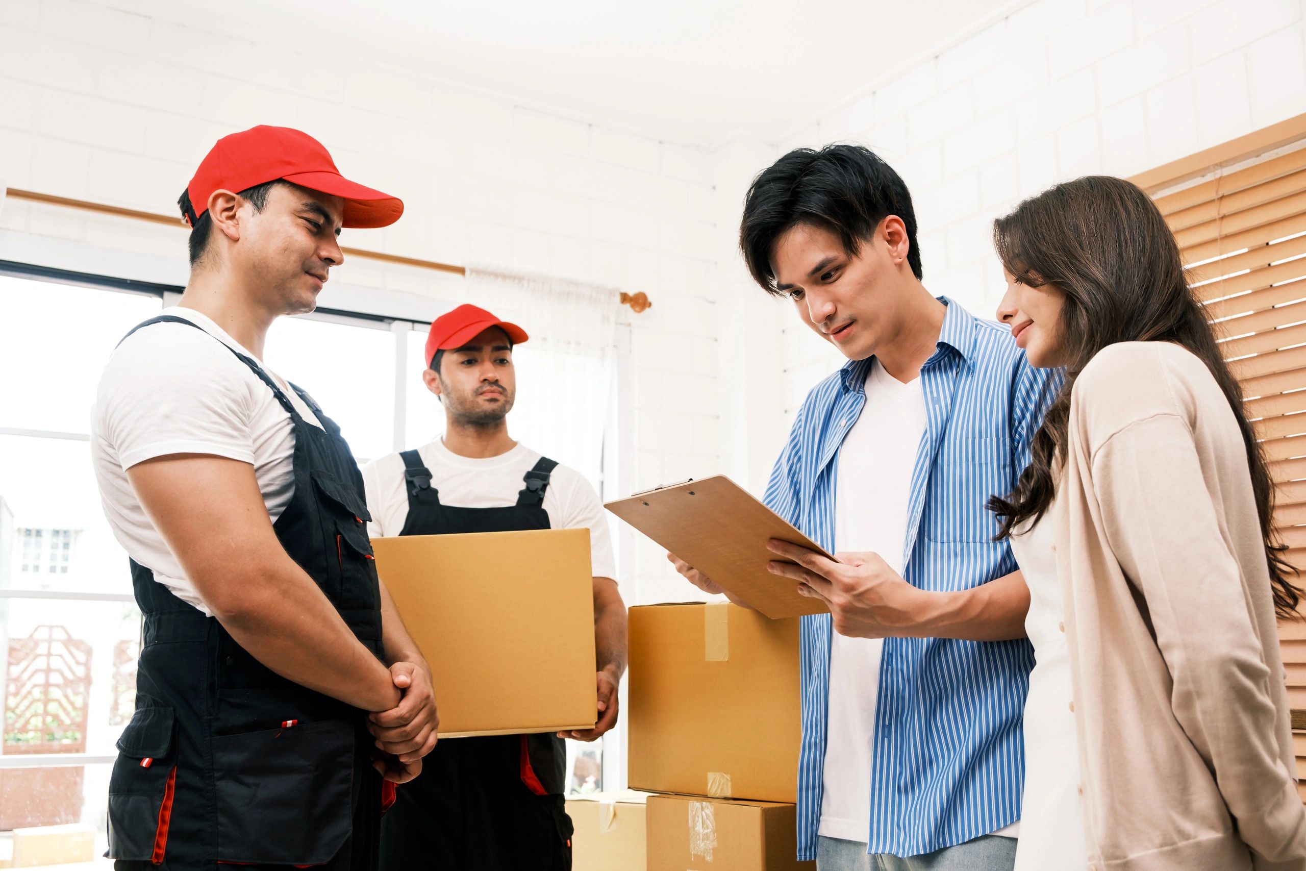 Professional moving team loading boxes into a truck